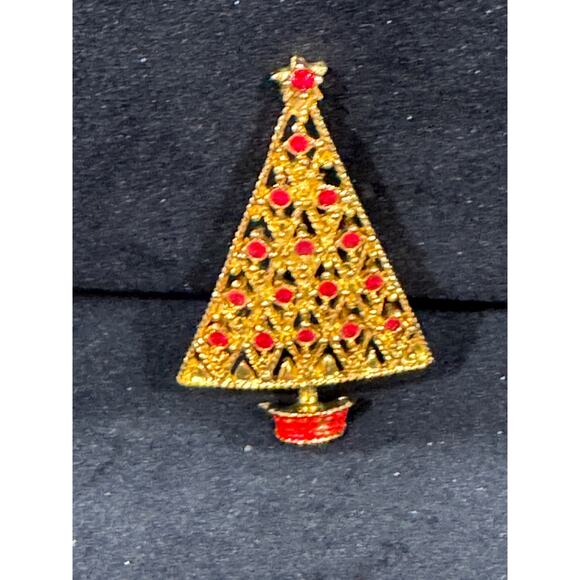 Vintage Gold-Tone Christmas Tree Brooch with Red Rhinestones – 1″x2″ - Picture 1 of 3
